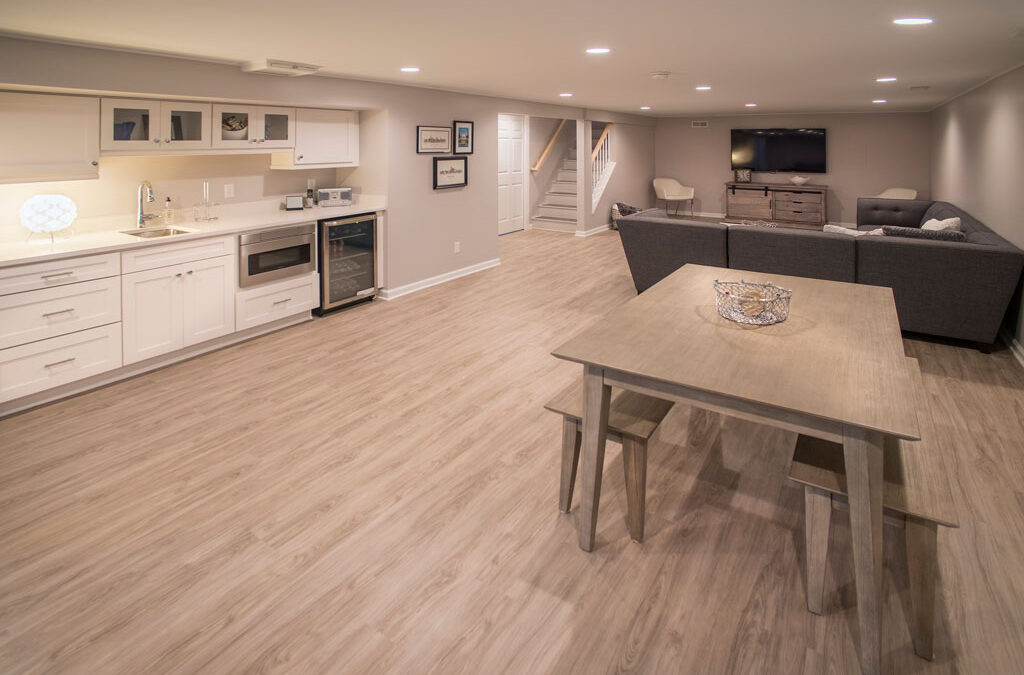 Basement Remodel with full bath, wet bar, and kitchenette